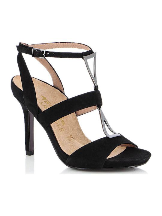 Tamaris Suede Women's Sandals Black with Thin High Heel