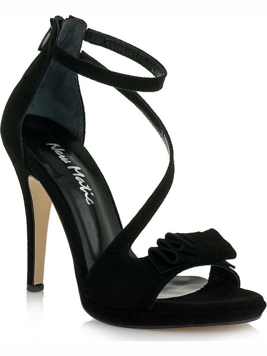 New Matic Suede Women's Sandals 182 Black with Thin High Heel