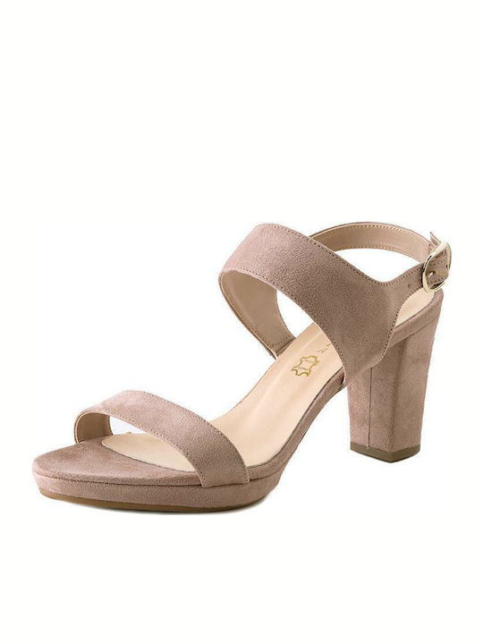 Stefania S Wildleder Damen Sandalen mit Chunky hohem Absatz in Beige Farbe