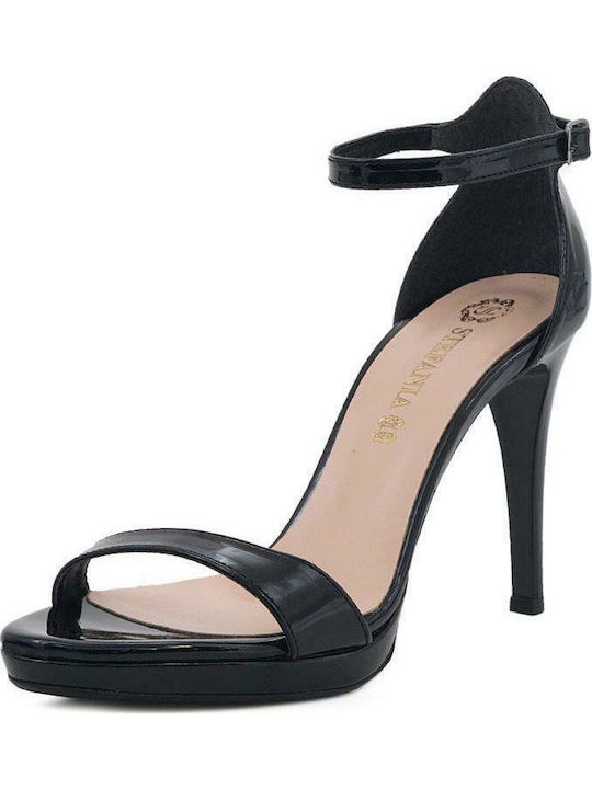 Stefania Patent Leather Women's Sandals S with Ankle Strap Black