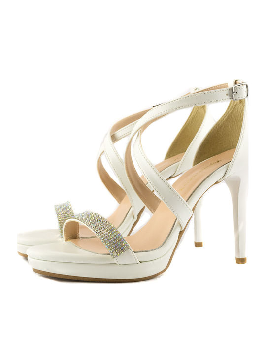 Stefania Platform Patent Leather Women's Sandals 1117 with Strass White with Thin High Heel