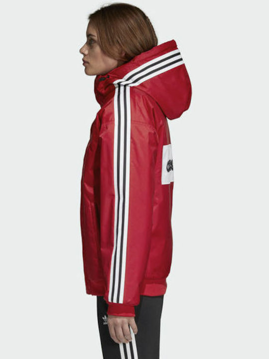 Adidas Stadion Women's Short Sports Jacket for Winter with Hood Red