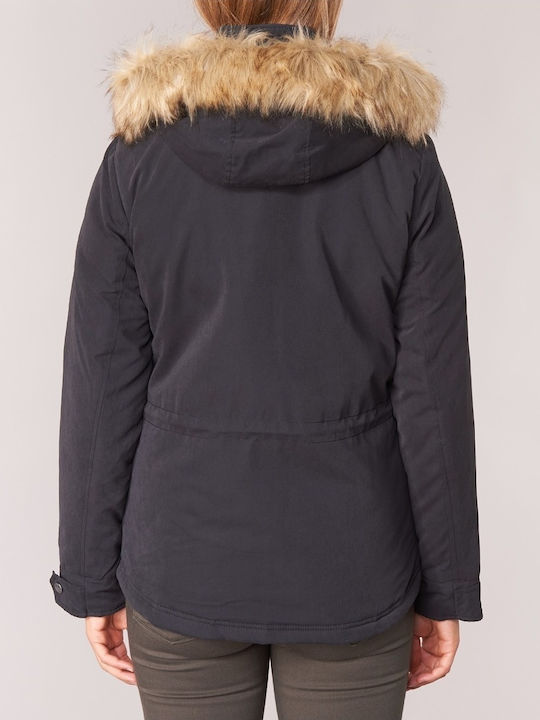 Women's Short Parka Jacket for Winter with Detachable Hood Black