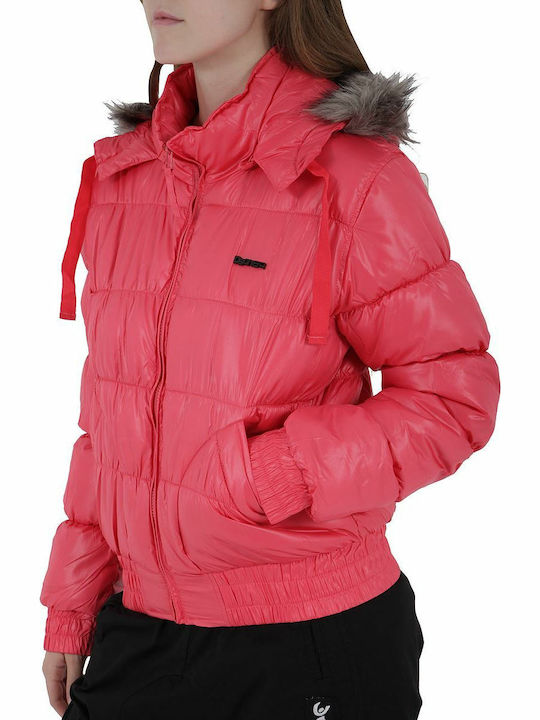 Biston Kurz Damen Puffer Jacke mit pelziger Kapuze für Winter Fuchsie