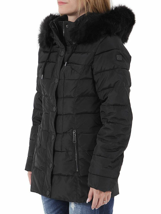 Biston Kurz Damen Puffer Jacke mit pelziger Kapuze für Winter Schwarz