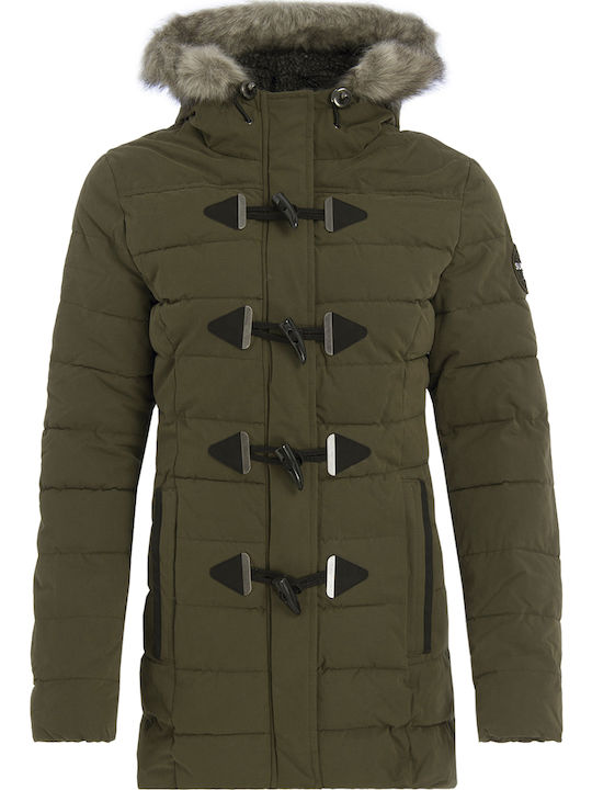Toggle Women's Long Puffer Jacket for Winter with Hood Khaki
