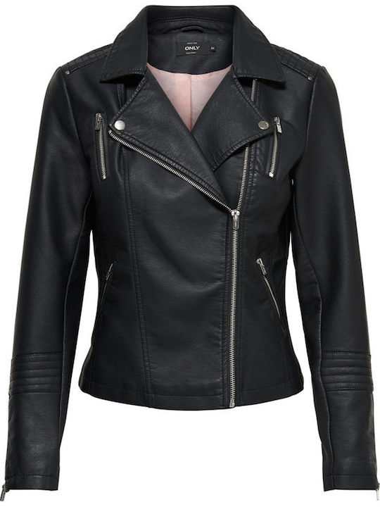 Women's Short Biker Artificial Leather Jacket for Winter Black
