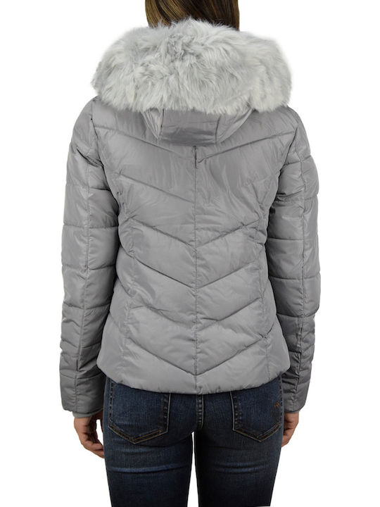 Biston Women's Short Puffer Jacket for Winter with Detachable Hood Gray