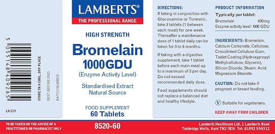 Lamberts Bromelain 1000GDU χωρίς Γλουτένη 400mg 60 ταμπλέτες