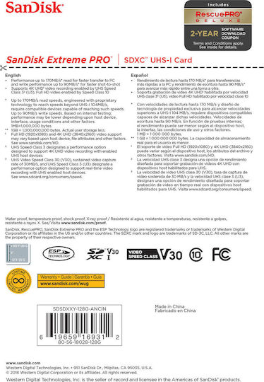 Sandisk Extreme Pro SDXC 128GB Клас 10 U3 V30 UHS-I