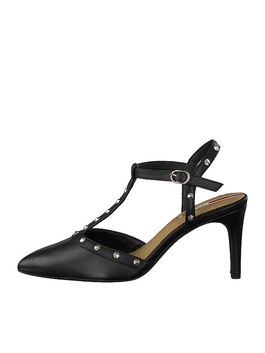 S.Oliver Anatomic Leather Women's Sandals Black with Thin High Heel