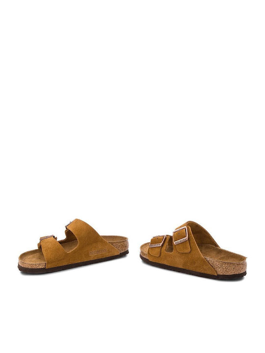 Arizona Soft Footbed Suede Leather Women's Flat Sandals Anatomic in Tabac Brown Color Narrow Fit