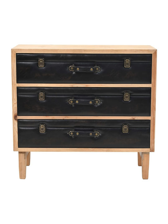 Bedroom Chest of Drawers from Solid Wood with 3 Drawers Black with Artificial Leather Surface Coating 80x36x75cm