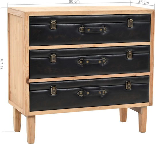 Bedroom Chest of Drawers from Solid Wood with 3 Drawers Black with Artificial Leather Surface Coating 80x36x75cm