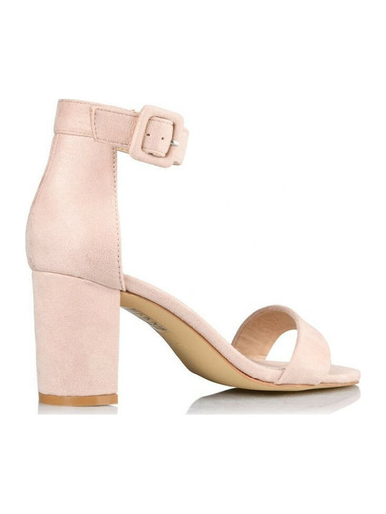 Envie Shoes Suede Women's Sandals with Ankle Strap Pink with Chunky Medium Heel