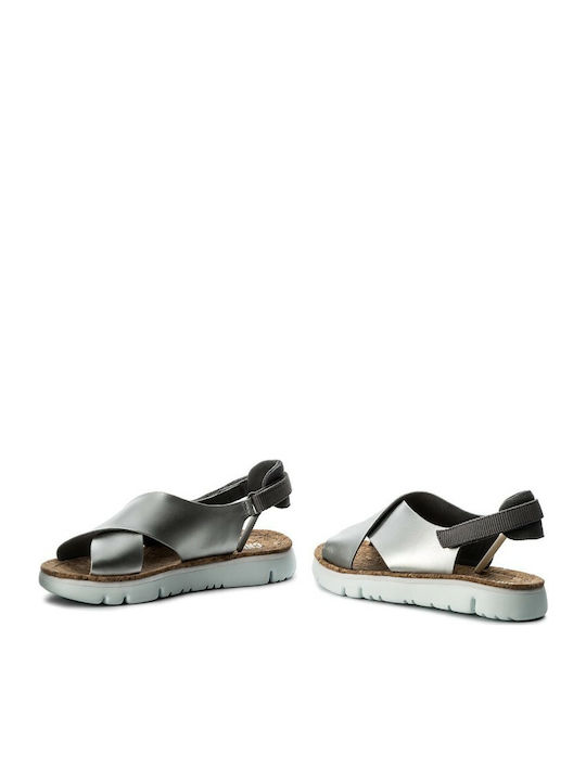 Camper Oruga Leather Women's Flat Sandals in Silver Color