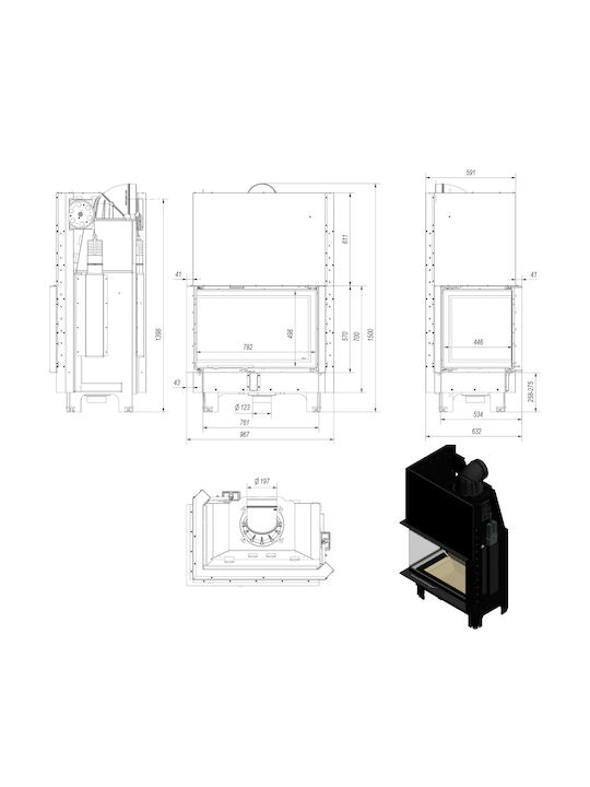 Kratki MBA L BS Guillotine Kaminofen Holz 17kW Linke Ecke mit Schiebetür Geschlossenes Ausdehnungsgefäß