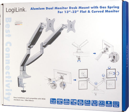 LogiLink Βάση Γραφείου για 2 Οθόνες έως 32" με Βραχίονα Ασημί (BP0043)