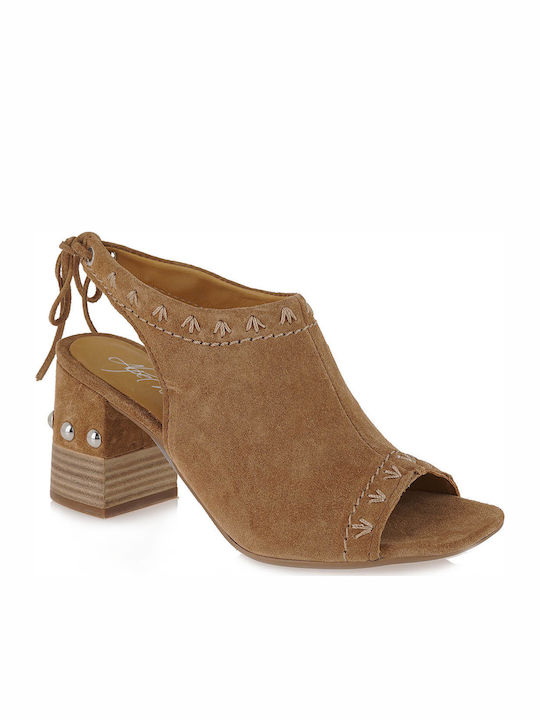 Alpe Suede Women's Sandals Tabac Brown with Chunky High Heel