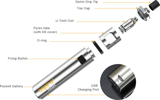 Aspire PockeX Pen Kit 2ml με Ενσωματωμένη Μπαταρία 1500mAh Stainless Steel