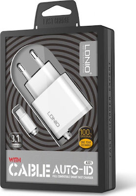 Ldnio Charger with Integrated Cable micro USB 15.5W Whites (A321)