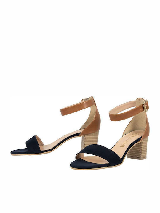 Stefania Leather Women's Sandals 444 with Ankle Strap Navy Blue