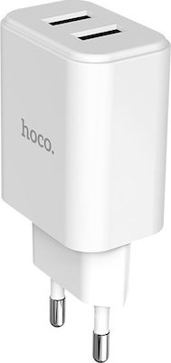 Hoco Wall Adapter with 2 USB-A ports in White Colour (C62A Victoria)