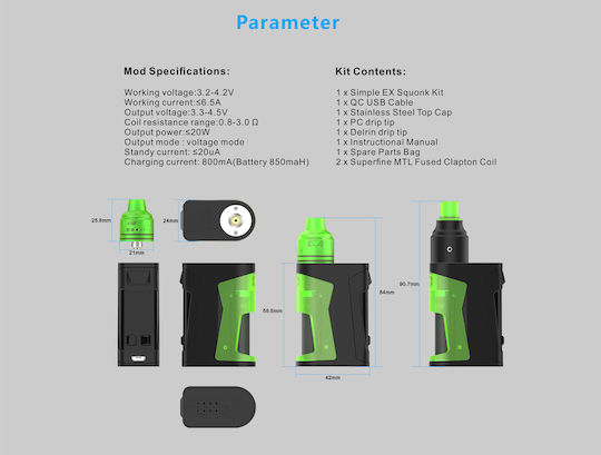 Vandy Vape Simple EX Squonk Box Mod Kit 4ml με Ενσωματωμένη Μπαταρία 850mAh Black
