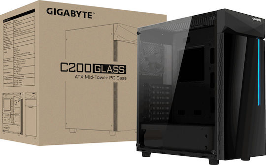 Gigabyte C200 Glass Gaming Midi Tower Computer Case with Side Window and RGB Lighting Black