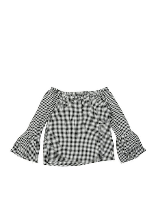 Women's Blouse Off-Shoulder Long Sleeve Checked White/black