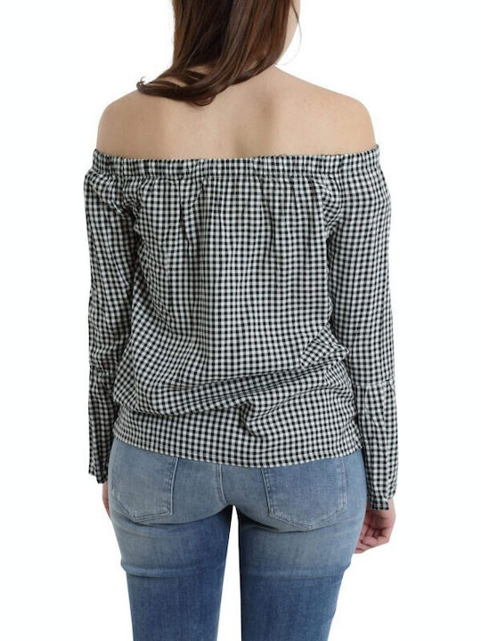 Women's Blouse Off-Shoulder Long Sleeve Checked White/black