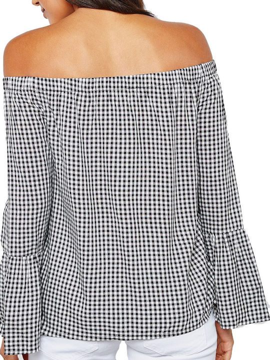Women's Blouse Off-Shoulder Long Sleeve Checked White/black