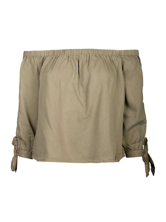 Superdry Helena Damen Sommer Bluse Schulterfrei mit 3/4 Ärmel & Rundhalsausschnitt Khaki