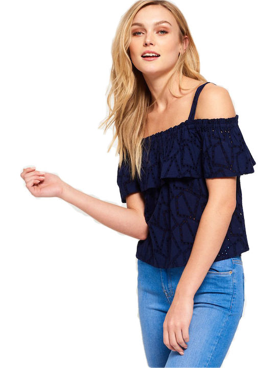Superdry Schiffli Women's Summer Blouse Cotton Off-Shoulder Sleeveless Navy Blue