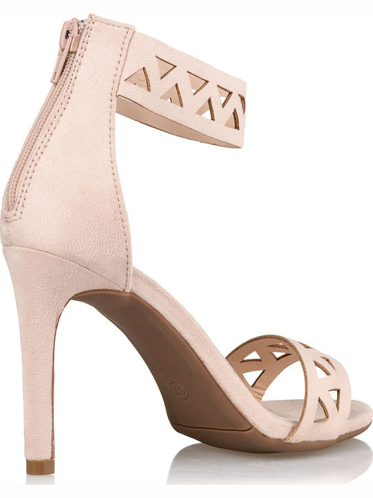 Suede Women's Sandals with Thin High Heel In Pink Colour