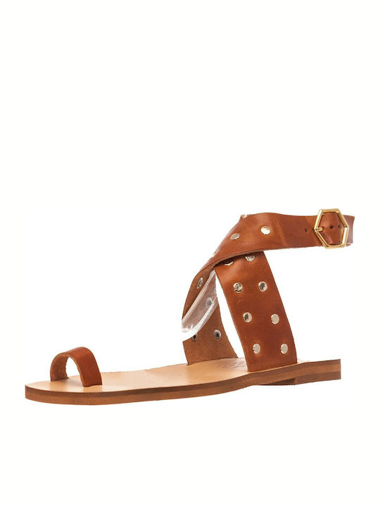 Sante Leather Women's Flat Sandals in Tabac Brown Color