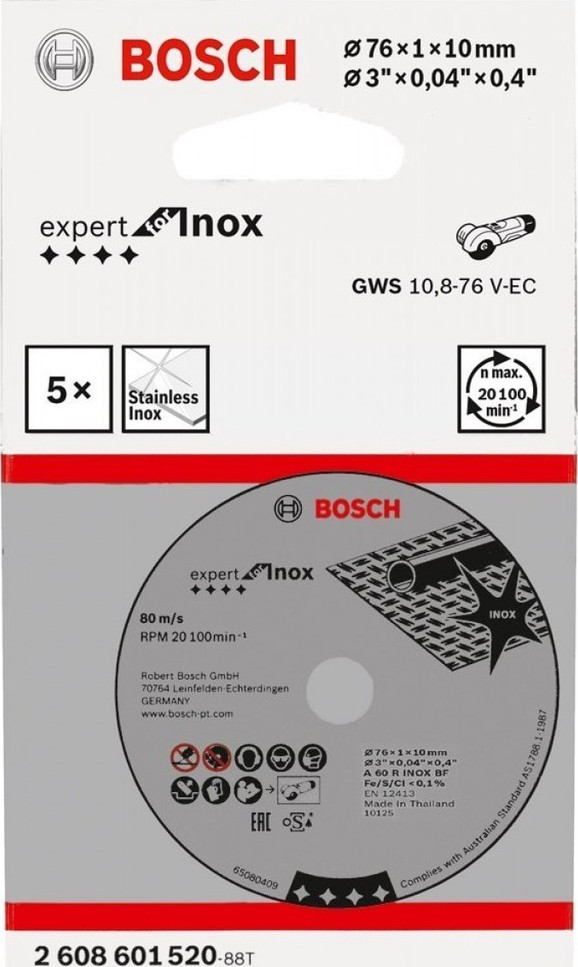 Disque à tronçonner Expert for Inox A 60 R INOX BF- 76 mm- 1 mm- 10 mm-  Pack de 5- Pour meuleuses an - Bosch - 2608601520