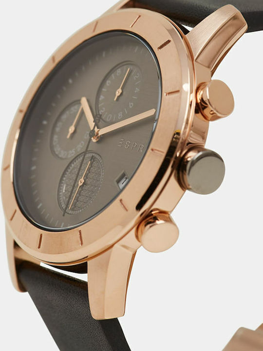 Esprit Ανδρικό Ρολόι 42mm Χρονογράφος Μπαταρίας με Μαύρο Δερμάτινο Λουράκι