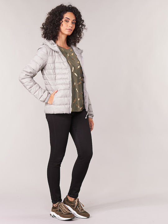 Women's Short Puffer Jacket for Winter with Hood Silver