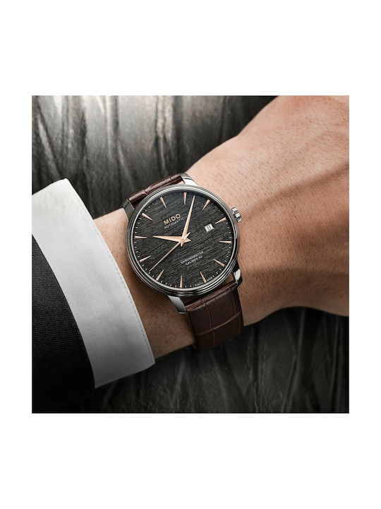 Mido Baroncelli C.O.S.C Certified Three Hands Battery Watch with Leather Strap Brown