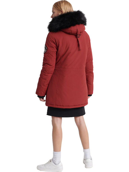 Superdry Ashley Everest Lang Damen Parka Jacke mit pelziger Kapuze für Winter Rot