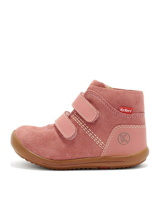 Kickers Kids Leather Anatomic Boots with Hoop & Loop Closure Pink