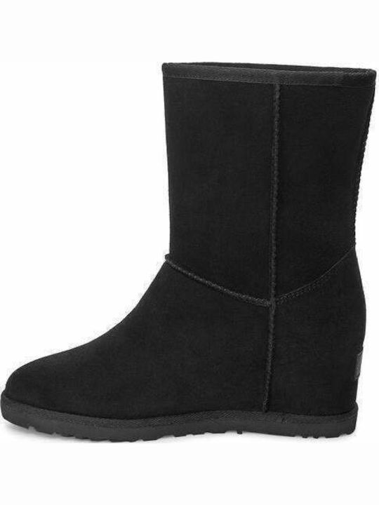 Suede Medium Heel Women's Boots with Fur Classic Femme Short Black