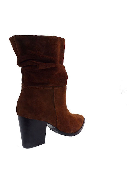 7524 Suede Women's Ankle Boots with High Heel Tabac Brown