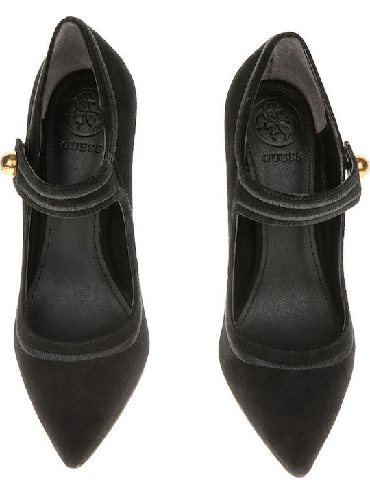 Suede Pointed Toe Black Heels with Strap Bodie