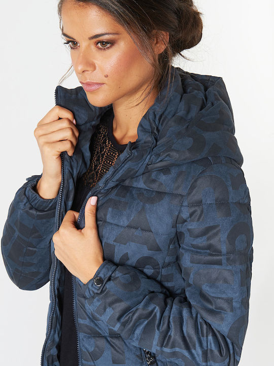 Letras Women's Long Puffer Jacket for Winter with Hood Navy Blue