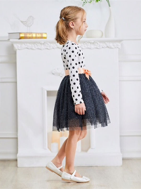 Kids Dress Long Sleeve Polka Dot White