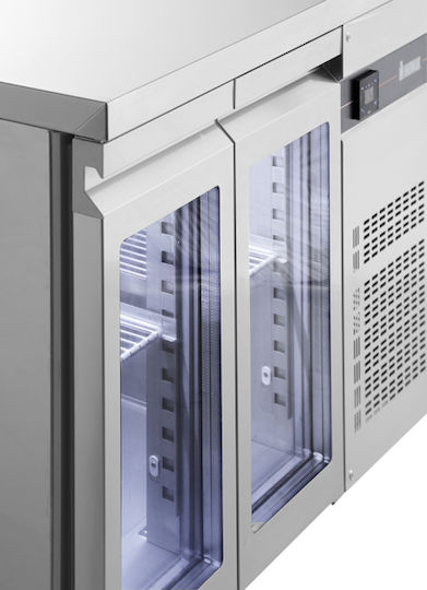 Inomak Edelstahl Kühltisch 270Es mit 2 Glas Türen und Kühlaggregat 0/+10°C L134.5xB70xH87cm PNN99/GL
