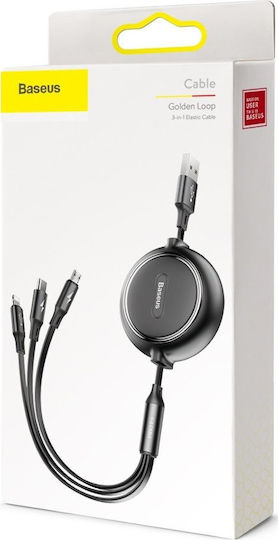 Baseus Golden Loop Retractable USB to micro USB / Type-C / Lightning Cable 3.5A Μαύρο 1.2m (CAMLT-JH01)