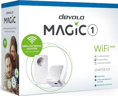 Devolo Magic 1 WiFi mini Powerline Διπλού Kit για Ασύρματη Σύνδεση Wi‑Fi 4 με Passthrough Πρίζα και Θύρα Ethernet